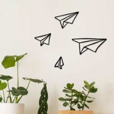 Imagem de Xedatric Arte de parede de metal de aviões de papel de 4 peças – arte de parede de aviação decoração de berçário de avião ecológica decoração de parede de avião para quarto infantil, sala de estar