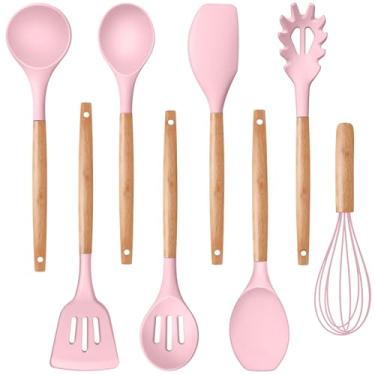 Imagem de P&P CHEF Conjunto de utensílios de cozinha de silicone, utensílios de cozinha de 8 peças com cabo de madeira, espátula de silicone para panelas antiaderentes, à prova de calor e fácil de limpar, rosa