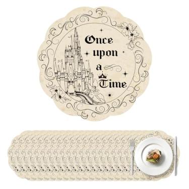 Imagem de Stranthother 100 peças de jogo americano redondo de papel de conto de fadas 33,5 cm recortado, Once Upon a Time, tapetes descartáveis, tapetes de mesa de fundo de castelo antigo para aniversário