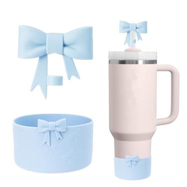 Imagem de AXMCCH Tampa de garrafa de silicone de 7,5 cm e topo de canudo em forma de laço de 10 mm para copo Stanley de 340 a 1,134 g (2 peças azul claro)