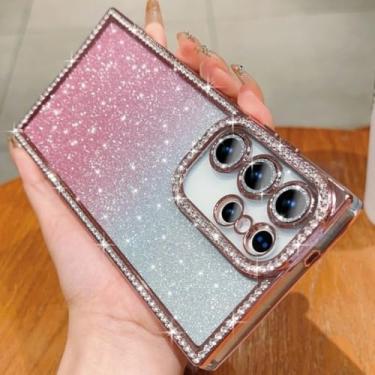 Imagem de Capa de luxo com glitter gradiente de diamante para Samsung Galaxy S25 S24 Ultra Plus com revestimento de strass, capa de PC rígida com lantejoulas, rosa, para Samsung Galaxy S24 U
