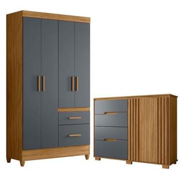 Imagem de Guarda Roupa Solteiro Madri e Cômoda Texas Freijó Cinza  Moval