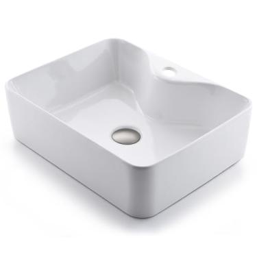 Imagem de Pia de vaso de banheiro de cerâmica retangular branca com ralo inoxidável, Luckyhorse 48 x 38 cm Bacia de arte de porcelana de cerâmica branca acima do balcão pia de vaso de banheiro com ralo pop-up