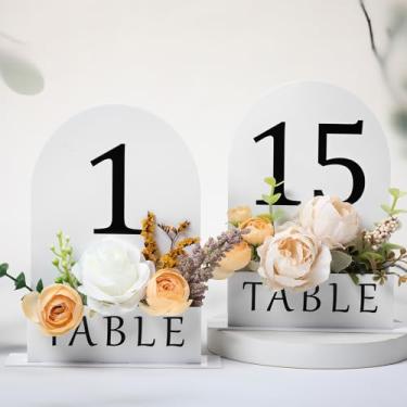 Imagem de Yalikop Número de mesa 1-15 arco acrílico espelhado para mesa de casamento com cocho de flores 12,7 cm x 17,8 cm Centros de mesa rústica de casamento para chá de panela, eventos, recepções, banquetes