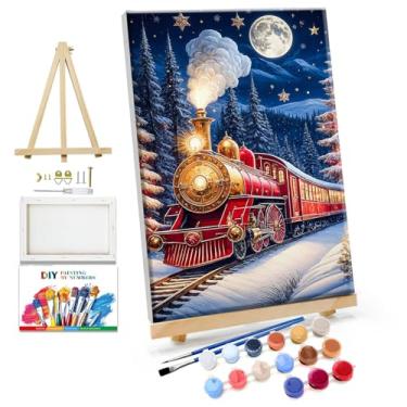 Imagem de JOOZ Kit de pintura por números para adultos com moldura, trem de Natal, pintura por número, com cavalete lua, kits de pintura a óleo de árvore de Natal DIY para presente decoração de parede de casa