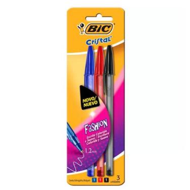 Imagem de Caneta Bic cristal Fashion 1.2mm com 3 cores, azul, vermelho e preta