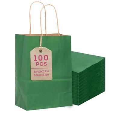 Imagem de Bakepacker 100 peças de mini sacos de presente de papel verde profundo com alças 15,2 x 11,4 x 6,3 cm, sacos de lembrancinha de festa marrom, vários usos (tamanho pequeno)