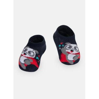 Imagem de Meia Sapatinho Puket Antiderrapante Bebê Menino Panda Azul Marinho 0 a