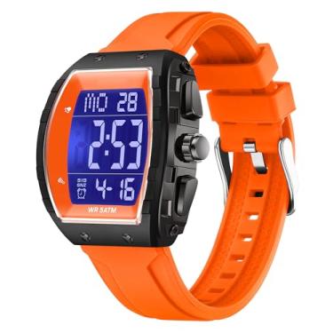 Imagem de findtime Relógio digital masculino Tonneau esportivo à prova d'água moda grande alarme LED relógio masculino calendário horário duplo casual pulseira de silicone, Laranja, Casual