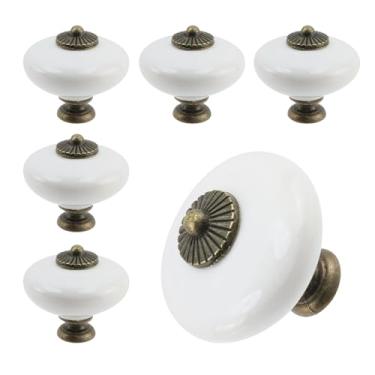 Imagem de T Tulead Puxadores de armário de cerâmica redondos vintage puxadores de gaveta mini cômoda puxador de guarda-roupa branco, 3,6 cm de diâmetro, 3,4 cm de altura, base de liga de zinco, 6 peças
