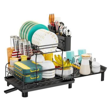 Imagem de Escorredor de Louça Completo 2 Camadas, Aço Inoxidável com Drenagem 360° e Bandeja, Organizador Suspenso para Pratos, Talheres e Copos, Preto