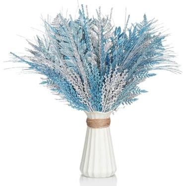 Imagem de Motionchic 50 palhetas e sprays de árvore de Natal, galhos de pinheiro com glitter, hastes de ramo com glitter para decoração de guirlanda de vaso de Natal (azul lago, azul celeste, prata)