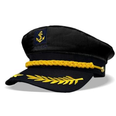 Imagem de JOCNIKA Chapéu de capitão de iate preto ajustável para mulheres e homens, acessórios divertidos de barco, chapéu de marinheiro, cosplay, fantasia de capitão, chapéus (preto)