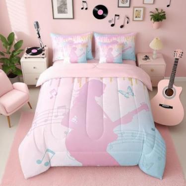 Imagem de Conjunto de edredom para meninas, 7 peças, rosa, violão, música, Queen, com glitter, moderno, para decoração de quarto, leve, com edredom, lençóis, fronhas e capa de almofada