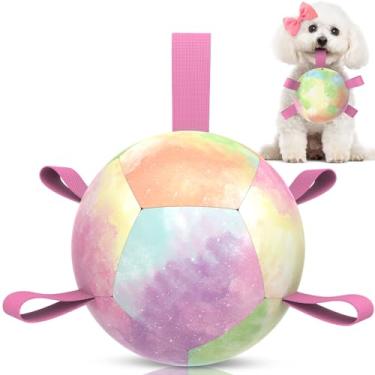 Imagem de QDAN Brinquedos para cães, bola de futebol com tiras, bolas duráveis para cães de cabo de guerra, presentes de aniversário de filhotes, brinquedos aquáticos para cães pequenos - arco-íris (12 cm)