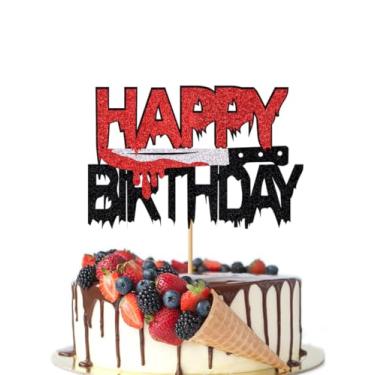 Imagem de Crseniny Glitter Have a Killer Birthday Cake Topper ，Bloody Halloween Happy Birthday Cake Pick，Horror Classic Theme Halloween Party Cake Decorations