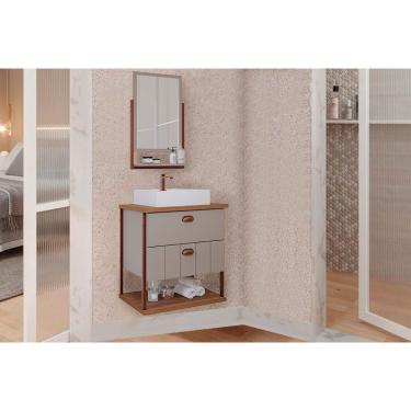 Imagem de Gabinete de Banheiro Balcão Suspenso c/ Cuba 65cm e Espelheira Uni Cappuccino/Freijo - MGM