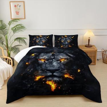 Imagem de lneffble Conjunto de cama queen preto e dourado, leão, com 1 edredom com 2 fronhas, decoração de quarto de animais para meninos e crianças e homens