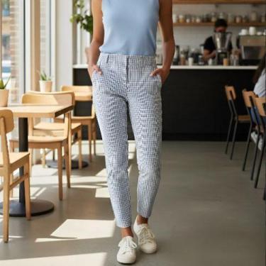 Imagem de Calça Feminina em Alfaiataria Estampada Cintura Média - Azul Hering, 4