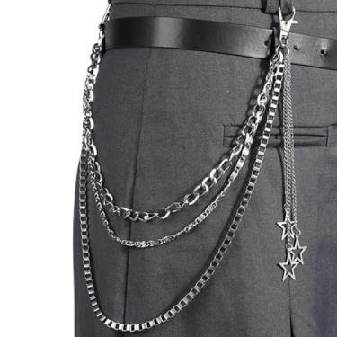 Imagem de FOUTOUKEEP Corrente de calça prateada em camadas – 3 correntes de estilo exclusivo com pingentes de estrela oca, acessório de cintura para jeans