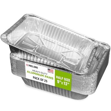 Imagem de Paclord Formas de alumínio – tamanho médio 23 x 33 cm, pacote com 25 bandejas de alumínio descartáveis feitas nos EUA para mesa a vapor e prateleiras de atrito – ótimas para assar, bufê, churrasco