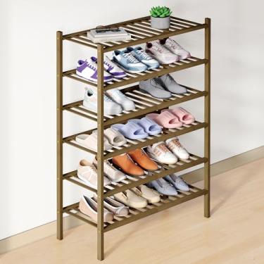 Imagem de Smiry Sapateira de bambu para armário, organizador de sapatos empilhável de madeira de 6 níveis, prateleira de armazenamento de sapatos de pé livre para entrada, entrada da porta da frente, nogueira