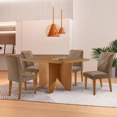 Imagem de Mesa Evora 90 Mdf Canto Copo E Com 4 Cadeiras Melissa Veludo Capuccino