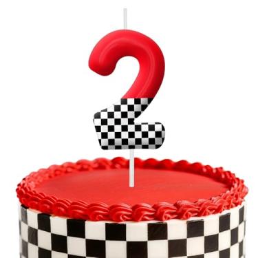 Imagem de Velas de aniversário de carro de corrida, decoração de topo de bolo de 6 cm, bandeira quadriculada número 2, decorações de aniversário, decorações de bolo de festa de aniversário, suprimentos de festa