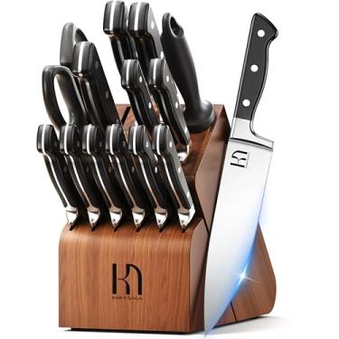 Imagem de Conjunto de facas, 15 peças, conjunto de facas de cozinha, conjunto de facas de chef japonesas de aço inoxidável de alto carbono com bloco e afiador, conjunto de facas premium para cozinha, acácia