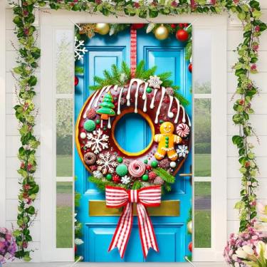 Imagem de BlissYard Capa de porta de Natal, guirlanda de rosquinha, decoração de pão de gengibre, faixa festiva para portas da frente, para decoração de parede interna e externa, tecido de poliéster para