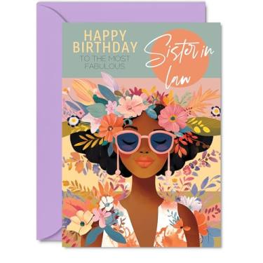 Imagem de Cartão de aniversário Sister in Law – Fabulous Floral Afro Queen Design – Flores tropicais – Saudação colorida elegante para cunhada – 5x7 polegadas com envelope – Cartão moderno para ela
