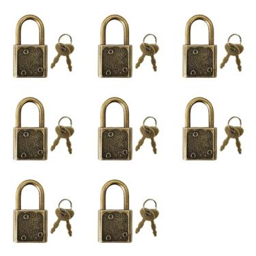Imagem de Runseaway 8 peças de mini cadeados, pequenos fechaduras de estilo vintage com chaves para diário, caixa de armazenamento, etiqueta de bagagem, ferragens decorativas, acabamento em latão antigo