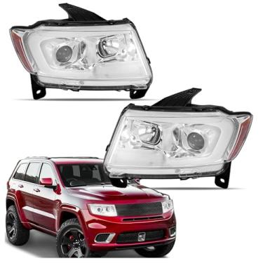 Imagem de HECASA Par de faróis de projetor compatíveis com Jeep Grand Cherokee 2011-2013 com tubo de barra de LED DRL, lente transparente, caixa cromada e refletor âmbar compatível com faróis de halogênio de