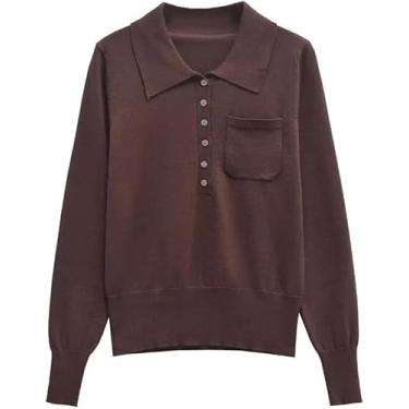 Imagem de Mulheres Frente Patch Bolso Básico Pulôveres Gola Polo Malha Suéter Manga Comprida Jumper Tops, Ap, M