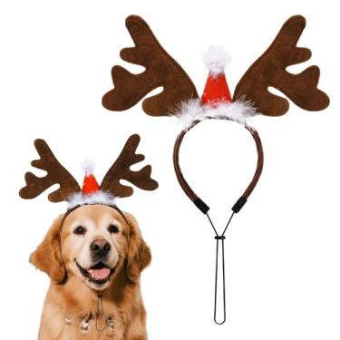 Imagem de Tiara de chifres de rena de alce com chapéu de Papai Noel, fantasia de rena de Natal para cães de estimação, acessórios de Natal (grande)