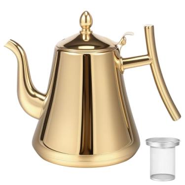 Imagem de ZFLYCANP Bule de chá de aço inoxidável, chaleira de grande capacidade de 2L com filtro removível, pote de água ergonômico para fogões de indução a gás (ouro)