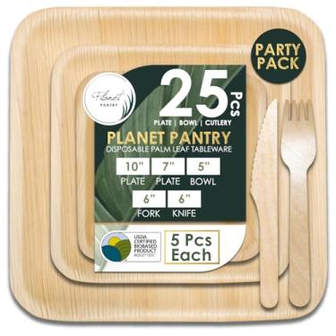Imagem de Planet Pantry Pacote de festa 25 peças, pratos biodegradáveis compostáveis - pratos quadrados de 25,4 cm e 17,8 cm, tigelas, facas e garfos de 12,7 cm - 5 peças cada, talheres descartáveis de bambu