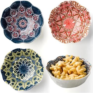 Imagem de Jiyocy Tigelas de mergulho, prato de molho de soja de cerâmica, tigelas pequenas de 85 g para acompanhamentos, design vintage boêmio, elegante, conjunto de 4 mini pratos de aperitivo para tempero
