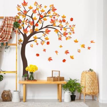 Imagem de ZARROUEA Decalques de parede de árvore de bordo, folhas coloridas, flores e árvores de bordo vermelho, adesivos de parede removíveis, decalques de arte de parede faça-você-mesmo vinil árvores verdes