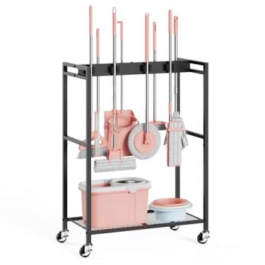 Imagem de Suporte de vassoura e esfregão, armário de armazenamento MUNNAR para armário de vassoura, carrinho de limpeza com vassoura e gancho de esfregão, carrinho de limpeza com rodas, carrinho de limpeza para