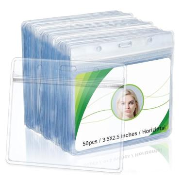 Imagem de Porta-crachá horizontal de 9 x 6 cm, porta-cartão de identificação transparente com protetor de zíper à prova d'água, capa para crachá serve para crachá/RFID/proximidade/cartão de crédito (suportes