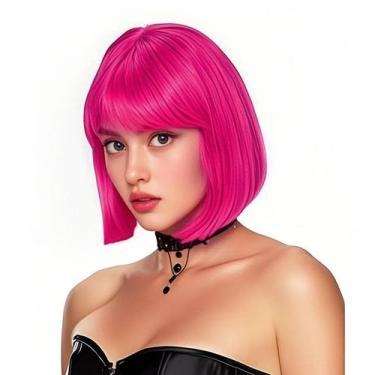 Imagem de Peruca de fantasia Rose Bud Hot Pink Bob com franja de 30 cm para mulh