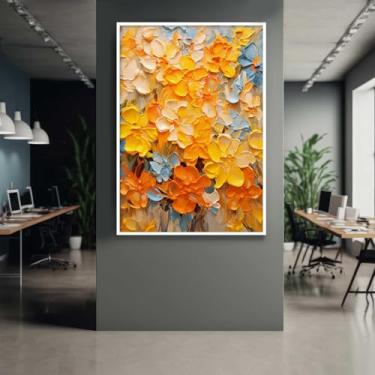 Imagem de Quadro com Moldura Flores Pintadas Abstrato Amarelo Azul Claro Decorativo Grande Sala Quarto Hall