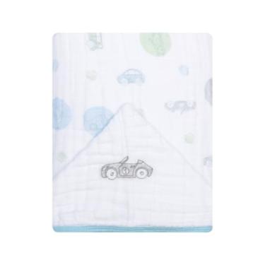 Imagem de Toalha de Banho Bebê Papi Soft com Capuz Bordada 90x75 cm, Corrida de Carros, Azul
