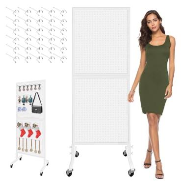 Imagem de Royxen Pegboard de metal com 30 ganchos e rodas, 2 x 14 m, suporte de exibição de quadro de pegboard de pé para casa e loja, branco
