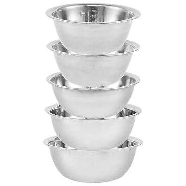 Imagem de ZLHETWT Conjunto de tigelas de mistura de aço inoxidável de 5 peças com marcadores de medição, bacia de sopa multiuso, 5 tamanhos, tigelas de encaixe, tigelas de mistura para assar, cozinhar