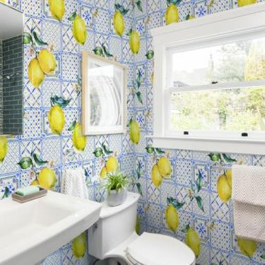 Imagem de ESSMOKO Papel de parede fresco azul limão PVC autoadesivo impermeável banheiro pia cozinha fundo parede atmosfera decoração adesivos azul 45 * 600 cm