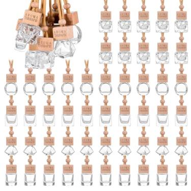 Imagem de 50 peças de difusor de ar para carro para pendurar em vidro transparente vazio, difusor essencial, perfume, perfume, pingente, frascos de vidro com tampas de madeira, difusor de carro aromatizador de