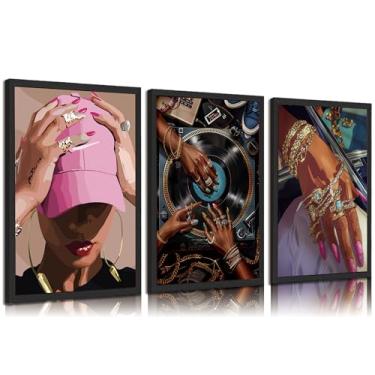 Imagem de 3 peças de arte de parede em tela de mulher negra moda menina negra decoração de parede imagens de DJ afro-americano impressões pinturas para casa sala de estar quarto banheiro decoração sem moldura