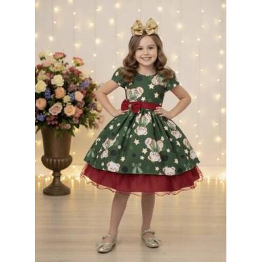 Imagem de Vestido Infantil Verde e Marsala com Ursinhos para Festas de Natal - F